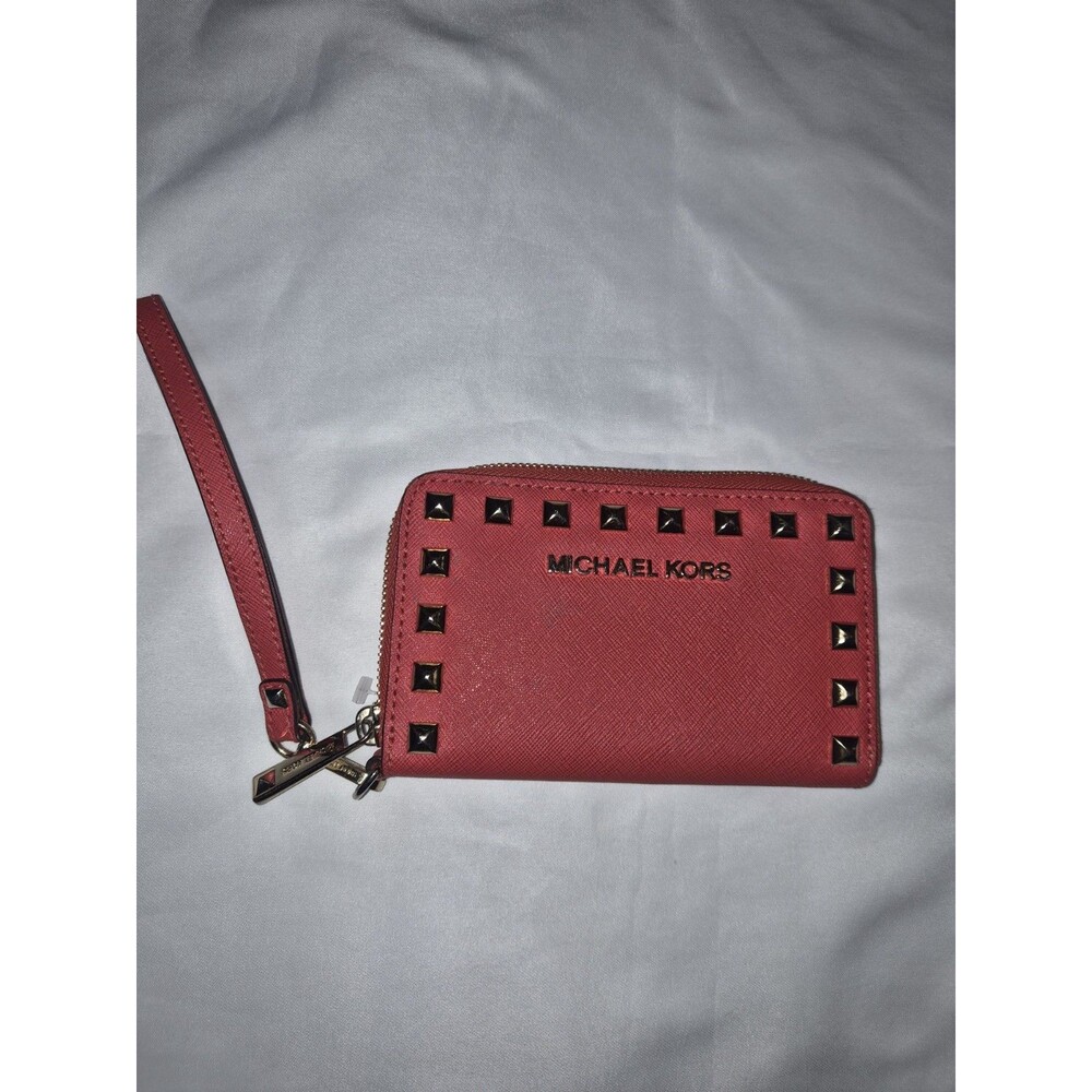 Michael Kors Red Orange Wallet Cards Studs Leather Wrislet Zip Around